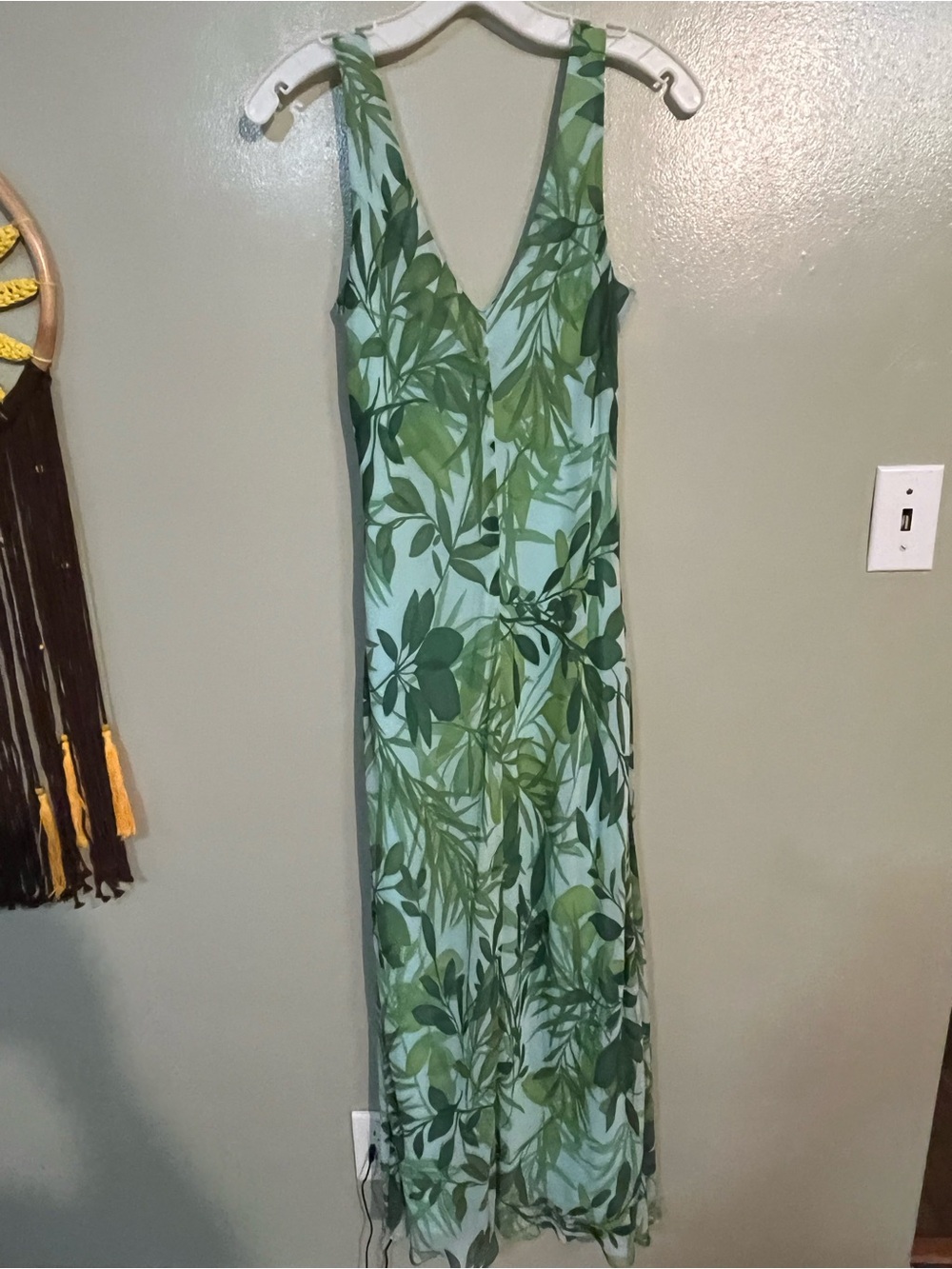 Ann Taylor Y2K 100% Silk Lined Sleeveless Green Leaf Print Maxi Dress Boho 10 - Picture 6 of 11